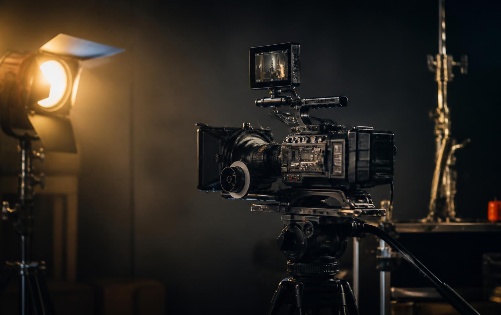 Cinema camera on a tripod lit by a warm studio light