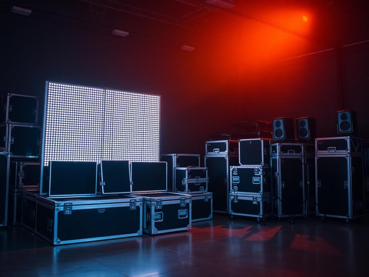 Flight cases, LED panels and speakers in a hire store
